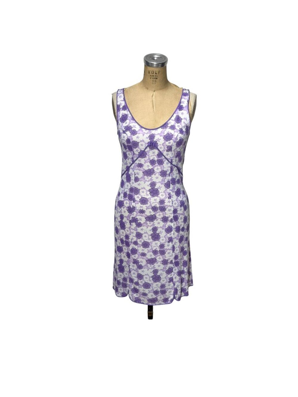1970s mini slip with purple floral print and piping Size S/M